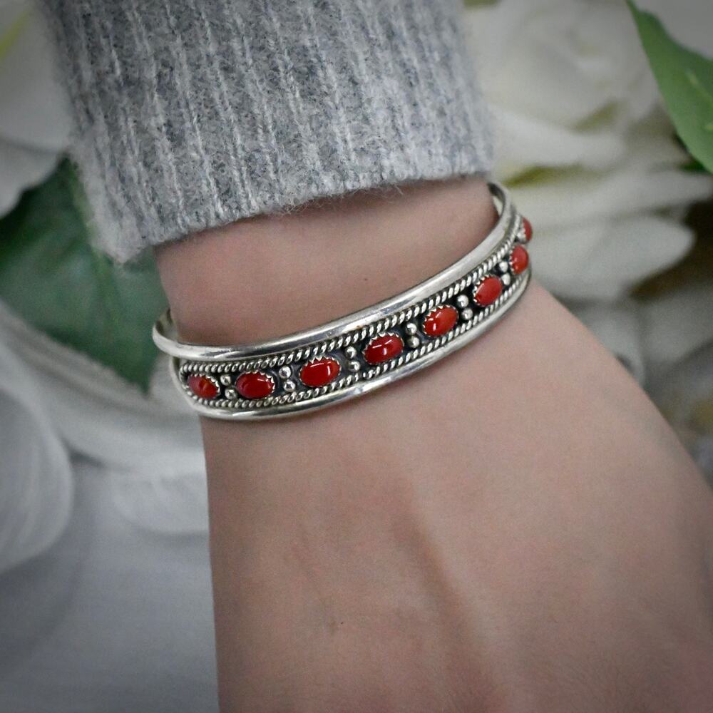 Vintage Zuni Sterling Silver Mediterranean Red Coral Row Cuff Bracelet 6.5 15.5g